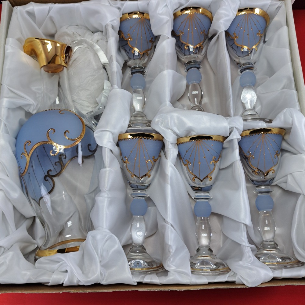 Murano Style Decanter Set Unisex OS Blue Excellent Gold Gilt 7pc Cordial Set